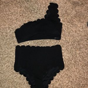 Black one shoulder scalloped high waist bikini